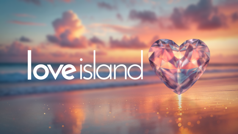 Love Island Logo. Sunset image with the words love island overlayed beside a pink heart.